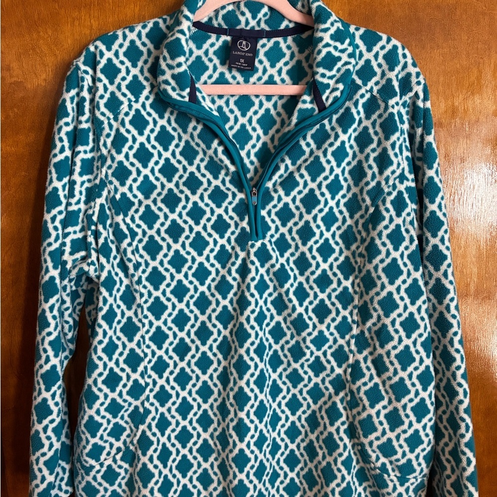 Lands' End Teal and White Quarter Zip Fleece